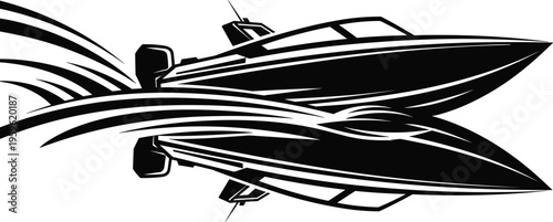 Speed boat silhouette with dynamic water splash in minimalist black and white style, representing power, motion, and marine performance design