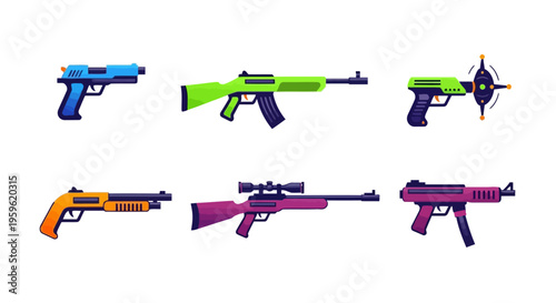 Set of cartoon-style toy guns and weapons including pistols, rifles, and shotguns
