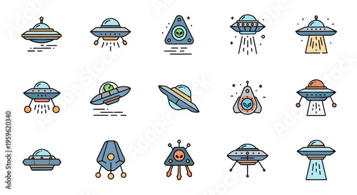 Colorful and Playful Set of Unidentified Flying Object Icons, Featuring Alien Ships and Spacecraft for Graphic Design Projects