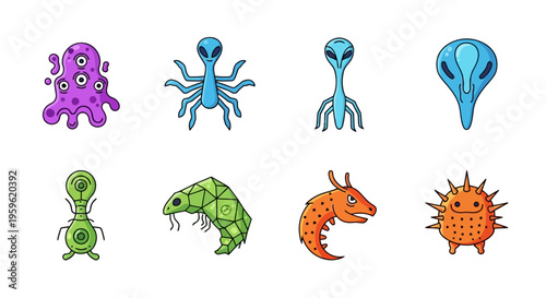 Collection of eight different cartoon-style alien creatures and monsters on a white background, each with unique features and vibrant colors