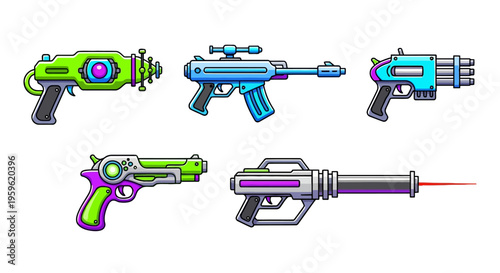 Futuristic ray gun and blaster weapon icons for science fiction and gaming