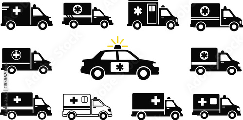 Set of ambulance and emergency vehicle silhouettes including paramedic vans and medical response cars with siren lights, black vector icon collection