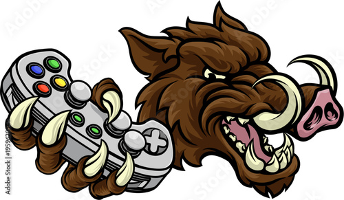 A wild boar, hog razorback warthog pig gamer sports video game gaming mascot holding a games controller