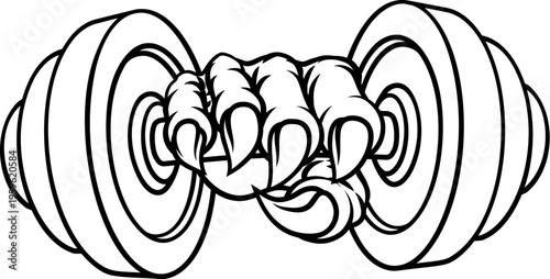 A dumb bell gym weight sports illustration of an eagle or animal monster hand holding dumbbell 