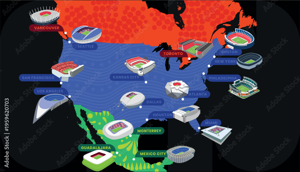 Naklejka premium North America Football Championship 2026 Host Cities Map with Stadiums Vector Illustration