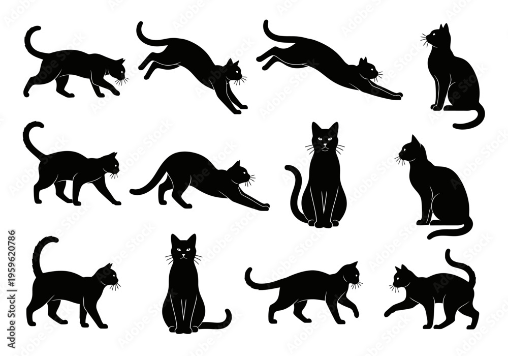 Fototapeta premium Black Cat Silhouette Vector Set - Various Feline Poses Including Jumping, Stretching, Sitting, and Walking - Isolated Minimalist Animal Icons