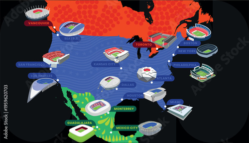 North America Football Championship 2026 Host Cities Map with Stadiums Vector Illustration