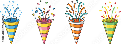 Colorful party poppers set with confetti bursts and streamers, festive celebration vector illustration for birthday, carnival, and event decoration design