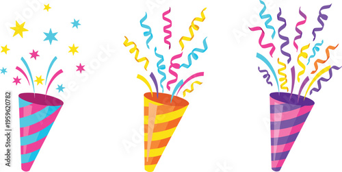 Party poppers with colorful confetti and streamers, festive celebration vector illustration for birthday, carnival, and event decoration in playful cartoon style