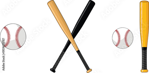 Baseball equipment set with bats and balls, sports gear vector illustration for game, training, competition, and athletic design themes