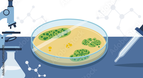 Microscope and petri dish with green colonies, science lab equipment, research concept
