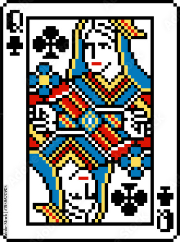 A pixel art playing cards deck design, queen of clubs. An original design, each card 55 squares wide by 74 tall.