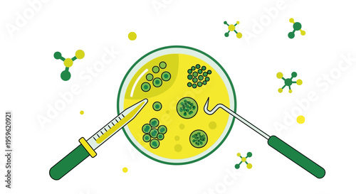 Microbiology research: petri dish with bacterial colonies, pipette, and loop
