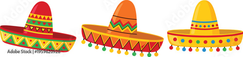 Mexican sombrero hats collection with colorful patterns and decorations, festive traditional vector illustration for culture, fiesta, and celebration design