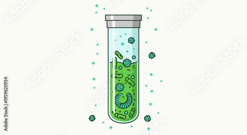 Microscope view of green bacteria culture in test tube, science research, laboratory experiment