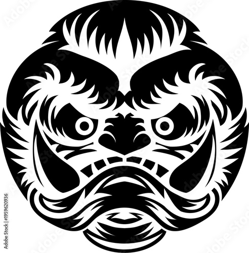 Black and white illustration of a stylized mask resembling a samurai demon, goblin, troll, or orc. Strong graphic design suitable for tattoo art, fantasy themes, logos, or mythic character design.