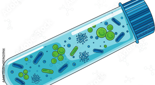 Microscopic Bacteria and Microorganisms in a Test Tube with Blue Liquid