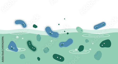 Happy cartoon bacteria swimming in green water, science illustration