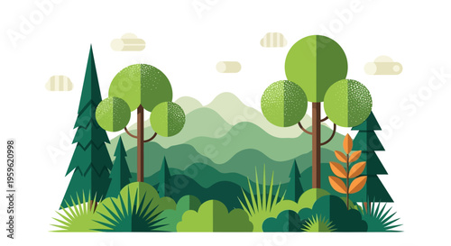 Flat Vector Forest Landscape with Stylized Trees and Green Mountains. Minimalist Nature Illustration for Environment, Outdoor Adventure, and Eco-Friendly Graphic Design.