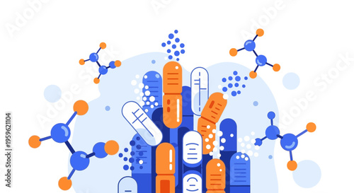 Medical Pills and Molecules: Pharmaceutical Research and Drug Development Concept