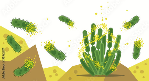 Green bacteria attacking a cactus plant, microscopic view, science illustration