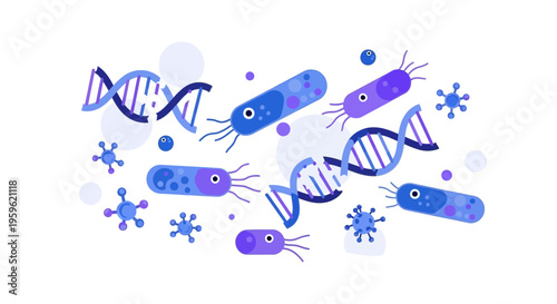 Microscopic Bacteria and DNA Strands Illustration, Scientific Research Concept