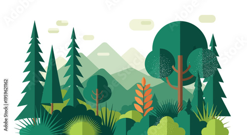 Minimalist Flat Design Forest Landscape Illustration with Geometric Green Trees and Mountain Peaks