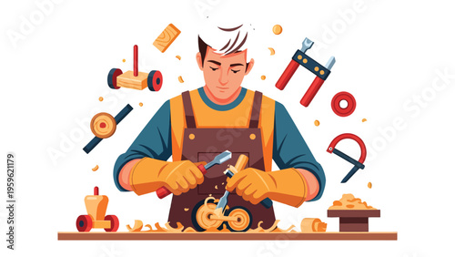 Artisan at Work: An artisan meticulously carves wood, crafting intricate shapes with precision, surrounded by the tools of his trade. A tribute to skill and dedication.