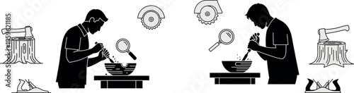 Blacksmiths working, metalwork, industrial tools, silhouettes