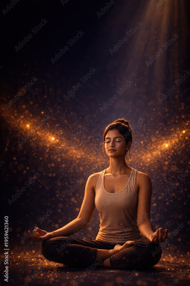 Obraz premium Vertical meditation scene with woman in lotus pose under warm light, mindfulness practice, calm and balance concept.