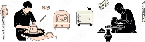 Pottery making, ceramic art, illustration set, black and beige vector graphics