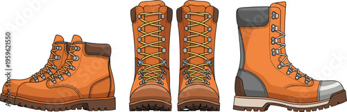 Hiking boots collection with lace-up outdoor footwear, durable trekking shoes vector illustration for adventure, travel, camping, and mountain gear design