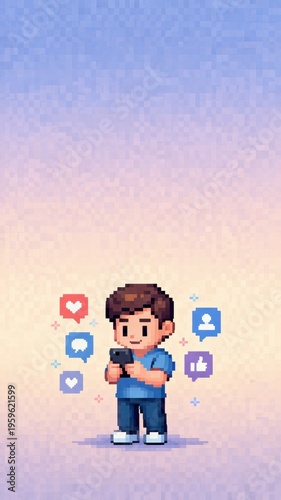 Pixel art child holding smartphone with floating social icons, digital communication concept on gradient background with copy space.