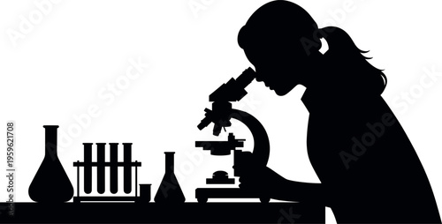 Female scientist silhouette using microscope in laboratory with test tubes and flasks, scientific research, chemistry experiment, medical analysis and innovation concept