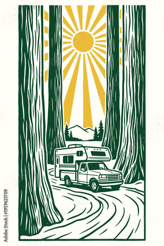 Vintage linocut style illustration of a truck camper traveling through a giant redwood forest under a stylized sun
