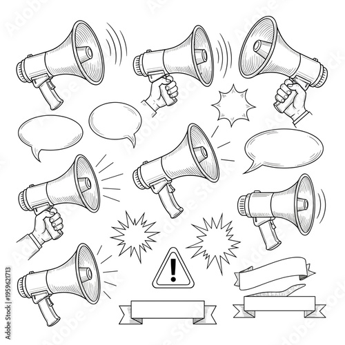 Megaphone and Speech Bubble Doodle Communication Set