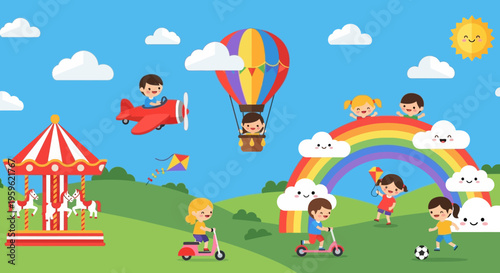 Colorful Children Outdoor Playground Illustration with Carousel, Rainbow, and Kids Playing - Cartoon Vector Landscape