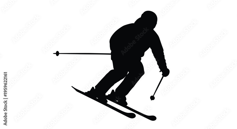 Fototapeta premium Silhouette of a skier in action dynamically descending a snowy slope