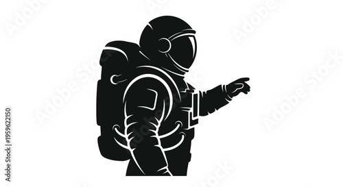 Silhouette of an astronaut in a spacesuit pointing forward with a gloved hand