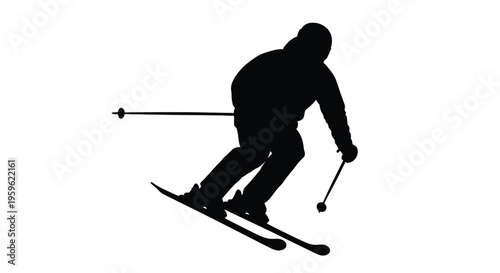 Silhouette of a skier in action dynamically descending a snowy slope