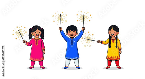Diwali kids, Indian children with sparklers, festive vector illustrations, colorful traditional clothing