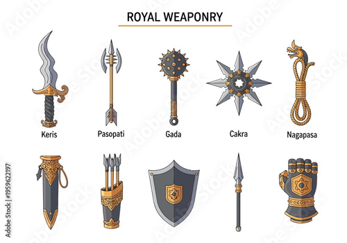 Illustration showing ten different items of royal weaponry some with corresponding accessories