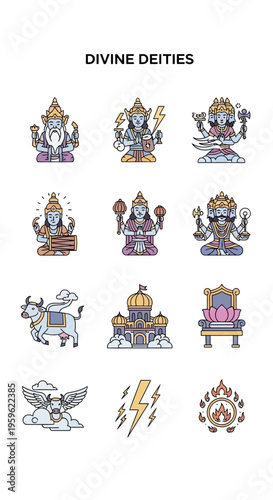 A grid of twelve distinct lineart icons representing divine deities and religious symbols