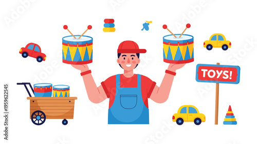 Toy Shop Display: A vibrant illustration showcasing a cheerful figure surrounded by an assortment of colorful toys, including drums, toy cars, and a charming toy cart.