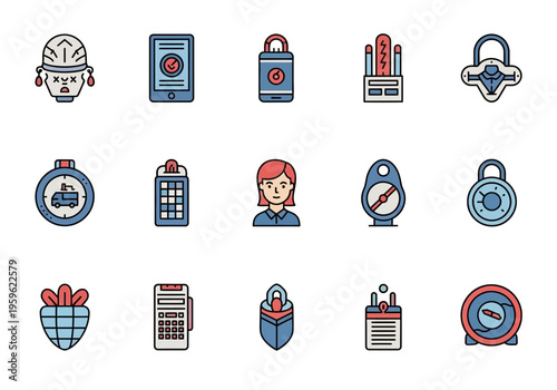 Fifteen flatdesign icons in three rows featuring security time and navigation objects