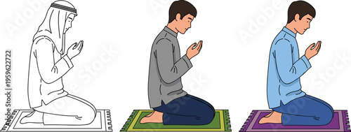 Muslim man performing dua prayer while kneeling on prayer mat, Islamic worship posture illustration, Ramadan spiritual supplication, religious devotion vector
