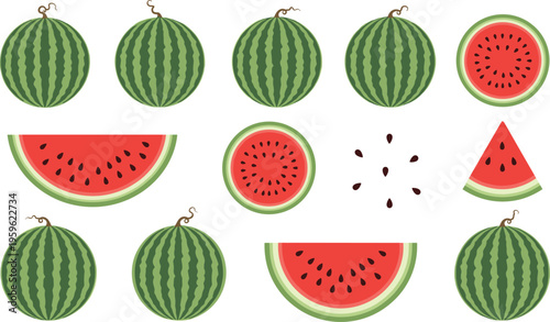 Watermelon set with whole fruits, slices, and seeds, fresh summer food vector illustration for healthy eating, juicy snack, and tropical design