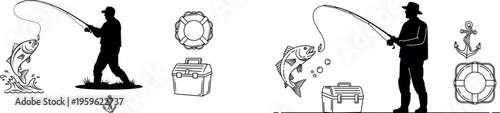 Fishing, silhouette icons, vector graphics, nautical symbols, black and white illustrations
