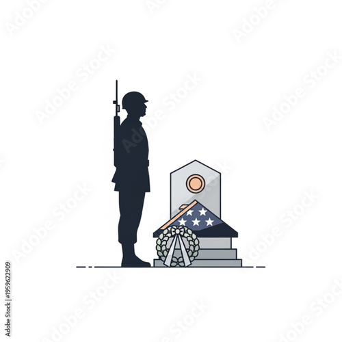 Soldier Tribute Memorial Scene Honor Remembrance Military Respect Vector Illustration