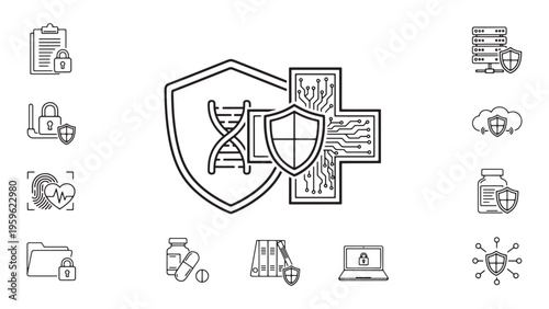 Business security and financial protection concept with shield insurance data safety banking defense strategy corporate risk management line icon design set